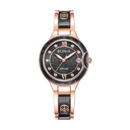 Bonia Women Elegance Black Dial Rose Gold Stainless Steel Strap BNB10860-2535 Analog Watch & Gift Set